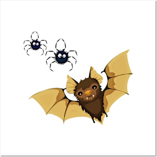 Flying bat with two black spiders - Halloween design Posters and Art